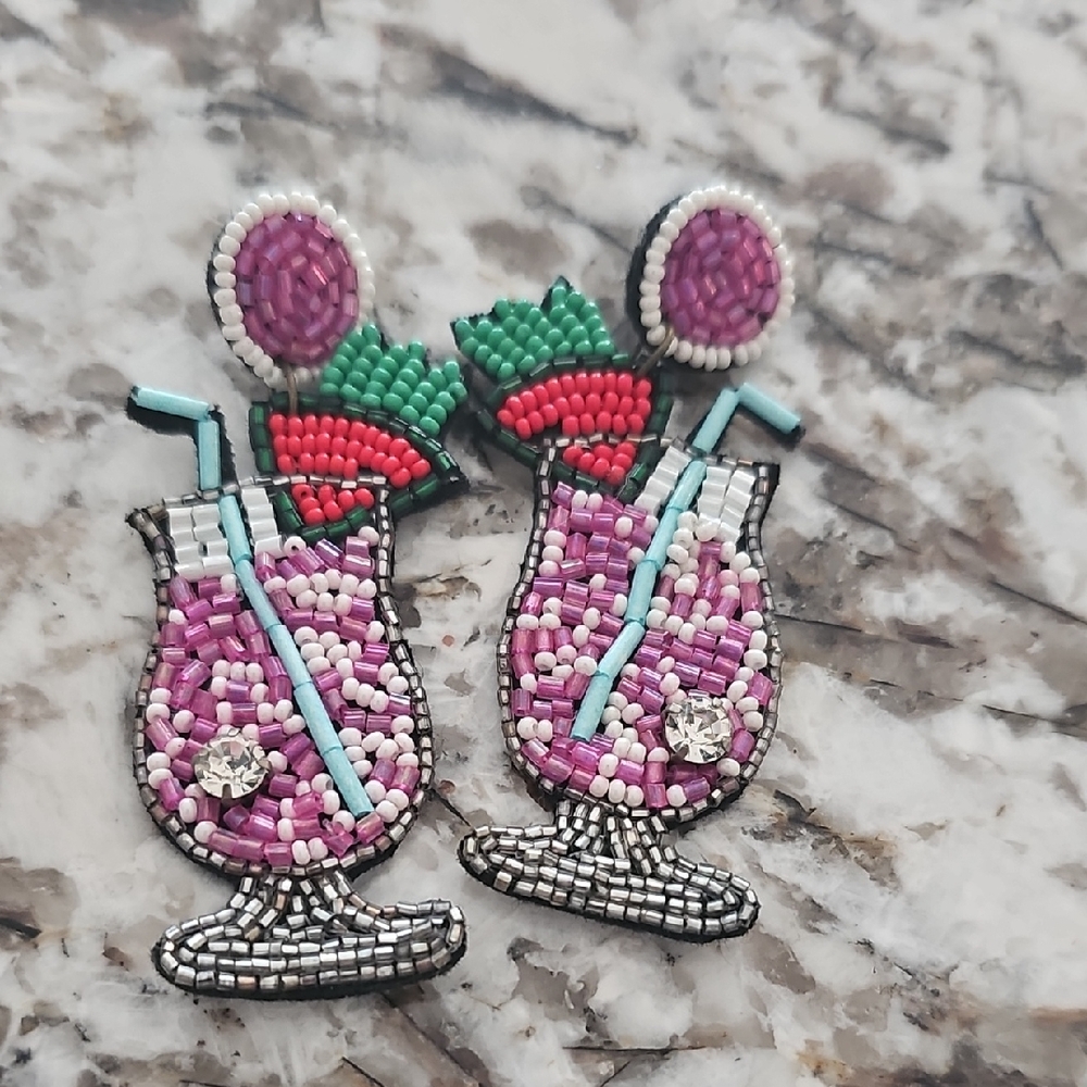Beaded Cocktail Statement Earrings - Pink